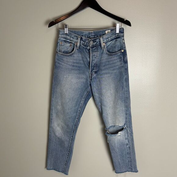 Levi's 501 S White Oak Denim Blue Skinny Jeans with Distressed Details size 26 - Picture 1 of 14
